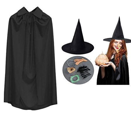 Cadı Kostüm Seti 6 Parça - Şapka Pelerin Diş Tırnaklar Çene ve Burun