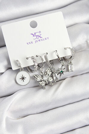 Pirinç Zİrkon Taşlı Kelebek ve Yıldız Model Gümüş Renk 3'lü Çift Kadın Küpe - TJ-BKP10958