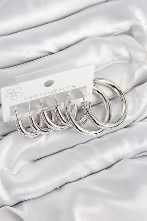 Pirinç Halka Model Gümüş Renk Kadın Set Küpe - TJ-BKP11056