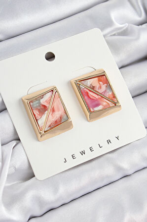 Pirinç Pembe Üçgen Kesim Detaylı Kare Model Vintage Gold Renk Kadın Küpe - TJ-BKP10874