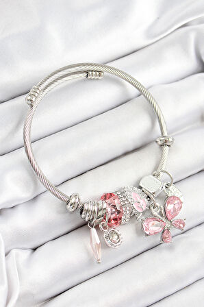 316L Çelik Pembe Zirkon Taşlı Kelebek Model Gümüş Renk Charm Bileklik - TJ-BB7248