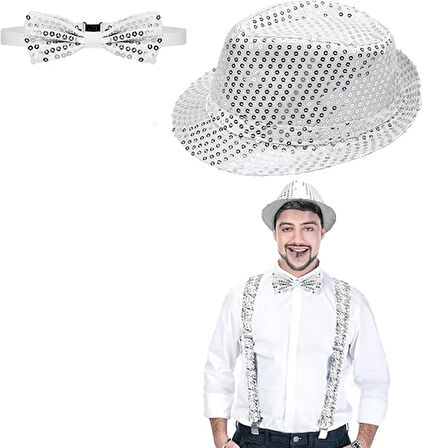 Gümüş Payetli Şapka ve Papyon Seti – Parıltılı Yetişkin Kostüm Seti