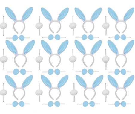 Mavi Tavşan Kostüm Seti – Taç Papyon Ponpon 12 li Paket