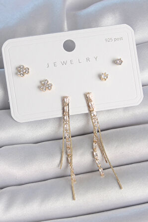 Pirinç Gold Renk Su Yolu Zirkon Taşlı Sallantı Model Çiçek Detay 925 Ayar Gümüş Çivi Kadın Küpe Seti - TJ-BKP10490