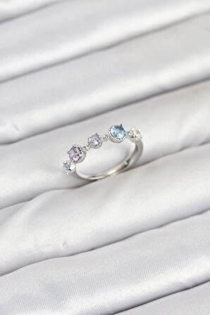 Pirinç Gümüş Renk Renkli Zirkon Taşlı Kadın Yüzük - TJ-BYK3867