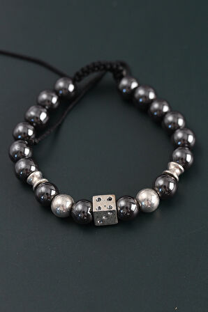 Doğal Taş Zar Model Gümüş Ve Füme Renk Asansörlü Erkek Bileklik - TJ-EB3759