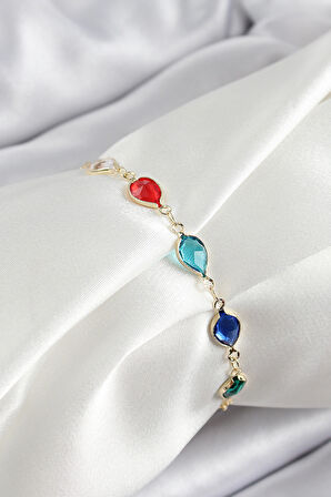 Pirinç Gold Renk Karışık Renk Damla Zirkon Taşlı Kadın Bileklik - TJ-BB7048