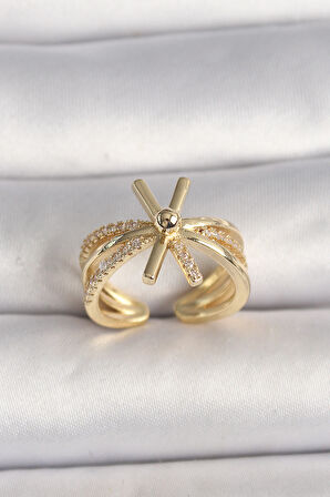 Pirinç Gold Renk Ayarlanabilir Ziron Taşlı Kadın Yüzük - TJ-BYK3603