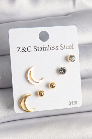 316L Çelik Gold Renk Zirkon Taşlı Hilal Model Kadın Küpe Seti - TJ-BKP10009