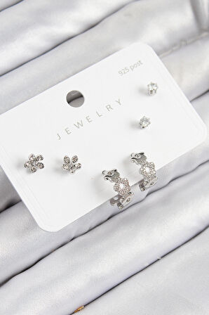 Pirinç Zirkon Taşlı Halka Model Gümüş Renk 925 Ayar Gümüş Çivi Kadın Küpe Set - TJ-BKP11185