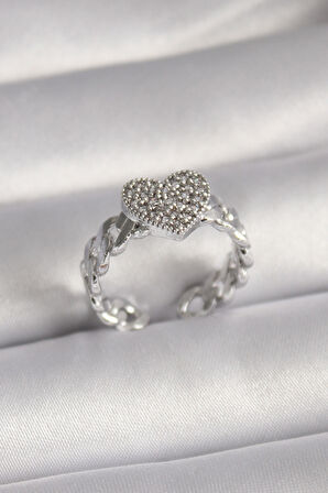 Pirinç Gümüş Renk Zirkon Taşlı Kalp Model Kadın Yüzük - TJ-BYK3093