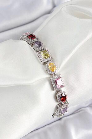 Pirinç Karışık Zirkon Taşlı Baget Model Gümüş Renk VIP Seri Kadın Bileklik - TJ-BB7503