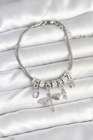 Pirinç Gümüş Renk Yusufçuk Charmlı Kadın Bileklik - TJ-BB7996