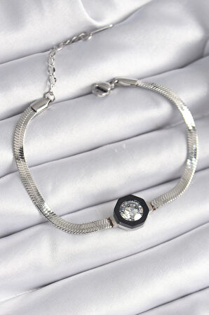 316L Çelik Gümüş Renk Zirkon Taşlı İtalyan Zincir Model Kadın Bileklik - TJ-BB6479