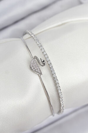 Pirinç Zirkon Taşlı Kuğu Model Gümüş Renk Kadın Bileklik - TJ-BB7890