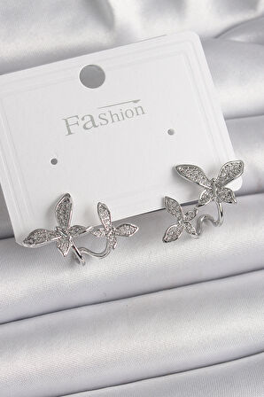 Pirinç Gümüş Renk Zirkon Taşlı Kelebek Model Kadın Küpe - TJ-BKP9839