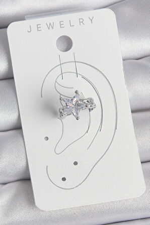 Pirinç Gümüş Renk Zirkon Taşlı Yıldız Model Kadın Kıkırdak Küpe - TJ-BKP10558