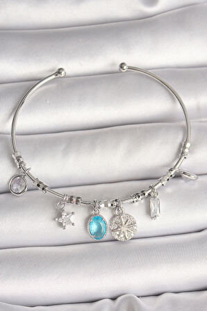 Pirinç Gümüş Renk Sallantı Pusula Figür Kalp Detay Charm Kadın Bileklik - TJ-BB6902