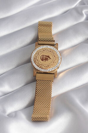 316L Çelik Gold Renk Mıknatıslı Hasır Zirkon Taşlı Çeyrk Altın Model Kadın Bileklik - TJ-BB5820