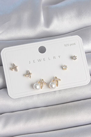 Pirinç Gold Renk Zirkon Taşlı Kelebek Model İnci Detay 925 Ayar Gümüş Çivi Kadın Küpe Seti - TJ-BKP10478