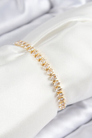 Pirinç Zirkon Taşlı Damla Model Gold Renk Asansörlü Kadın Bileklik - TJ-BB7741