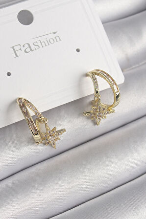 Pirinç Gold Renk Zirkon Taşlı Halka Model Yıldız Detay Kadın Küpe - TJ-BKP9989