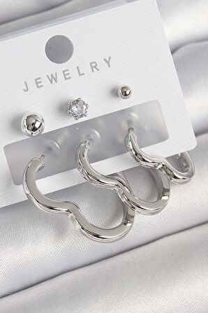 Pirinç Gümüş Renk Kalp Model Zirkon Taş Topçuk Detay Kadın Küpe Seti - TJ-BKP10307