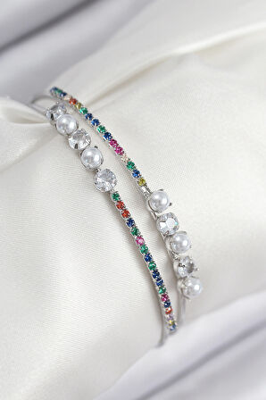 Pirinç Zirkon Taşlı İnci Model Gümüş Renk Kadın Bileklik - TJ-BB7876