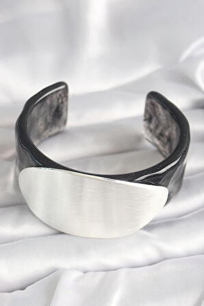 Siyah Mermer Desen Akrilik Plastik Gümüş Oval Plaka Model Vintage Kadın Bilezik - TJ-BB6673