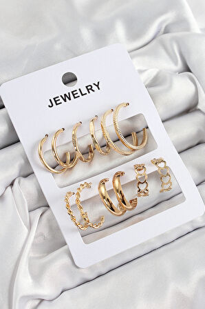 Pirinç Karışık Halka Model Gold Renk 6 Çift Kadın Küpe Set - TJ-BKP10885