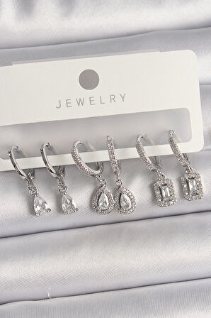 Pirinç Gümüş Renk Sallantı Zirkon Taşlı Damla Model Kadın Küpe Seti - TJ-BKP10121