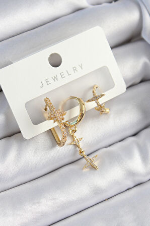 Pirinç Zirkon Taşlı Yıldız Model Gold Renk 3'lü Çift Kadın Küpe Set - TJ-BKP10837