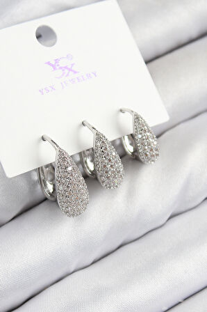Pirinç Zirkon Taşlı 3'lü Damla Model Gümüş Renk Kadın Küpe - TJ-BKP11125