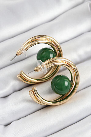Pirinç Gold Renk Halka Model Yeşil Boncuk Detay Kadın Küpe - TJ-BKP10365