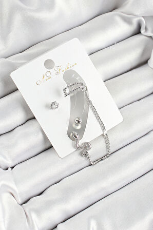 Pirinç Yılan Figürlü Zirkon Taşlı Gümüş Renk 3'lü Kıkırdak Kadın Küpe Set - TJ-BKP10660