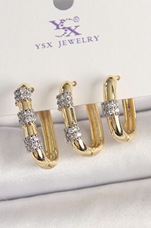 Pirinç Gold Renk 3'Lü Halka Model Gümüş Zirkon Taş Detaylı Kadın Kombin Küpe - TJ-BKP10472