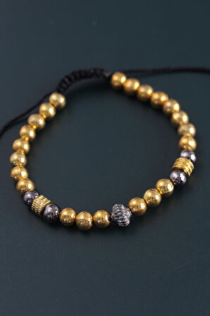 Doğal Taş Çember Model Gold Ve Füme Renk Asansörlü Erkek Bileklik - TJ-EB3761