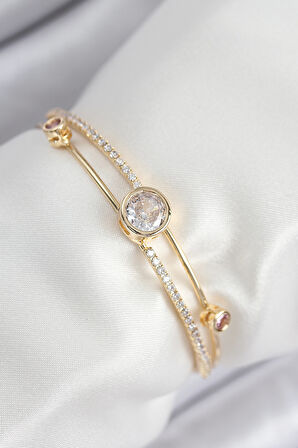 Pirinç Zirkon Taşlı Pırlanta Model Gold Renk Kadın Bileklik - TJ-BB7879