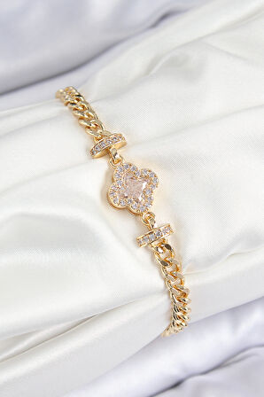 Pirinç Zirkon Taşlı Yonca Model Gold Renk Kadın Bileklik - TJ-BB7537