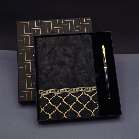 Gold Desen Siyah Deri Defter Kalem Set