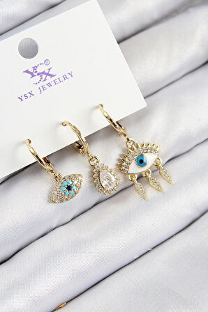 Pirinç Zirkon Taşlı 3'lü Fatma'nın Gözü Model Gold Renk Kadın Küpe - TJ-BKP11146