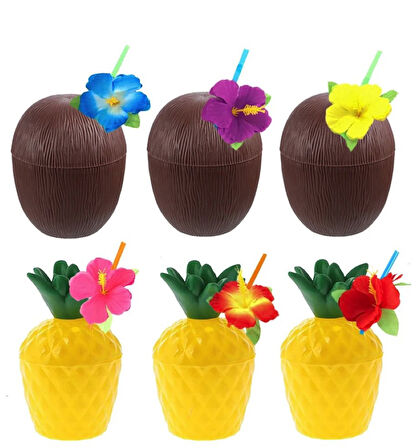 Ananas & Hindistan Cevizi Tasarımlı Pipetli Bardak Seti (6 Adet)