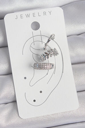 Pirinç Gümüş Renk Zirkon Taşlı 3'Lü Model Yaprak Figür Kadın Kıkırdak Küpe - TJ-BKP10564