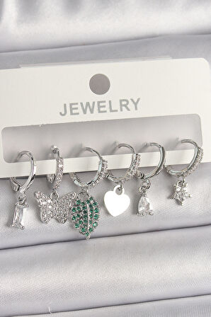 Pirinç Gümüş Renk Zirkon Taşlı Çoklu Figür Kadın Küpe Seti - TJ-BKP10097