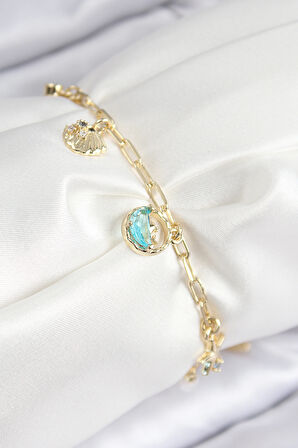 Pirinç Zirkon Taşlı İstiridye Model Gold Renk Kadın Bileklik - TJ-BB7773