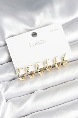 Pirinç Gold Renk Baklalı Halka 925 Gümüş Çivi Kadın Küpe Seti - TJ-BKP11255