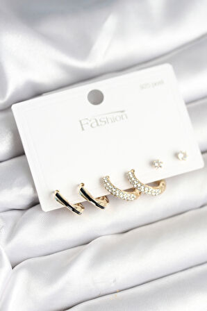 Gold Renk Pirinç Zirkon Taşlı 925 Ayar Gümüş Çivili Kadın Küpe Seti - TJ-BKP11270