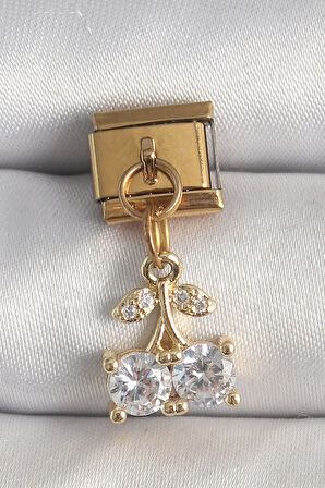 316L Çelik Gold Renk Sallantı Zirkon Taşlı Kiraz Model Nomination Charm - TJ-BC1356