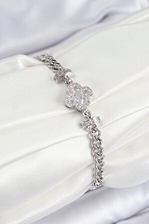 Pirinç Zirkon Taşlı Yonca Model Gümüş Renk Kadın Bileklik - TJ-BB7538