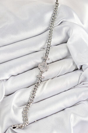 Pirinç Zirkon Taşlı Yonca Model Gümüş Renk Kadın Bileklik - TJ-BB7538